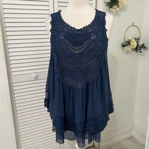 Ultra Pink Large Navy Blue Sleeveless Crochet Blouse